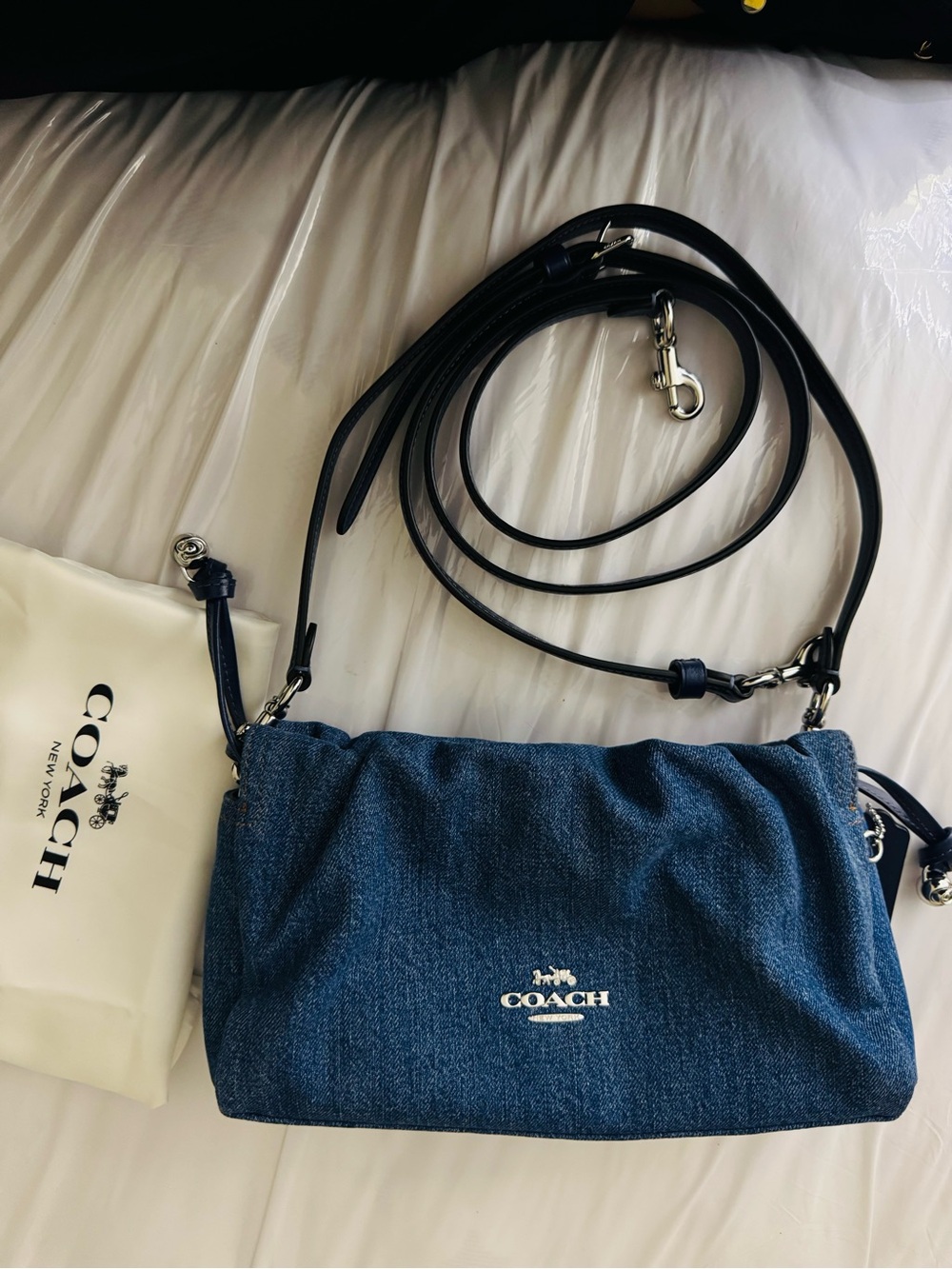 Coach Faye Denim Crossbody Bag in Dark Blue with Black Strap
